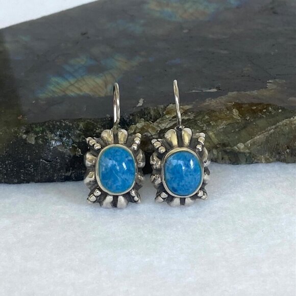 Sterling Silver 925 Thai Oval Bezel Set Denim Lapis Dangle Drop Earrings - Picture 4 of 16